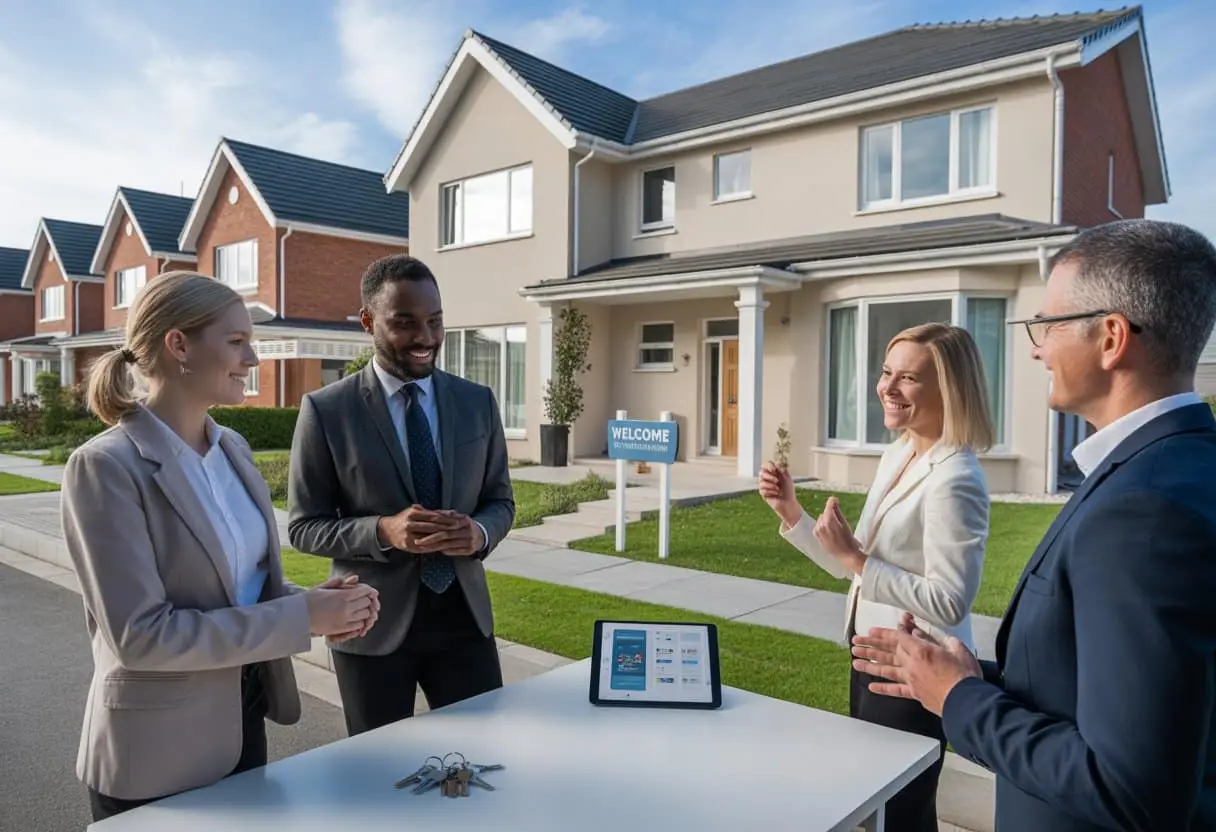 Airbnb en short-stay verhuur: wat mag wel en niet van gemeente, VvE en verhuurder? 3 Mensen praten buiten voor een woning in een woonwijk, met een digitale tablet en sleutels op tafel.