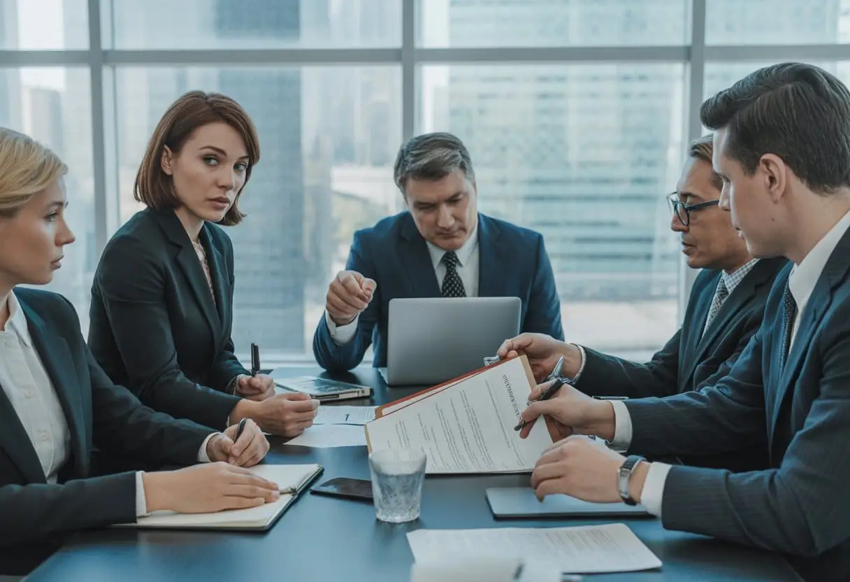 Een groep zakelijke professionals bespreekt documenten rond een vergadertafel in een modern kantoor.