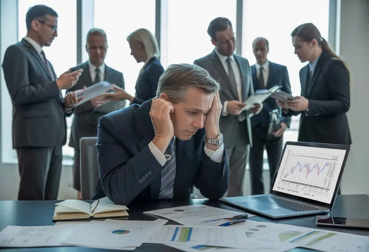 Een bezorgde ondernemer zit aan een bureau met financiële documenten, terwijl zakelijke partners op de achtergrond een serieus gesprek voeren.
