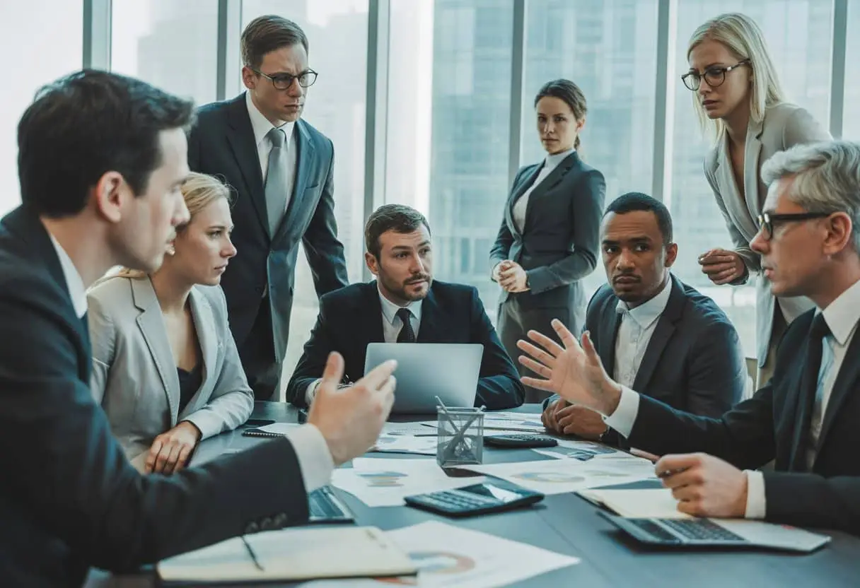 Een groep zakelijke professionals zit rond een tafel en bespreekt financiële documenten in een kantoor.