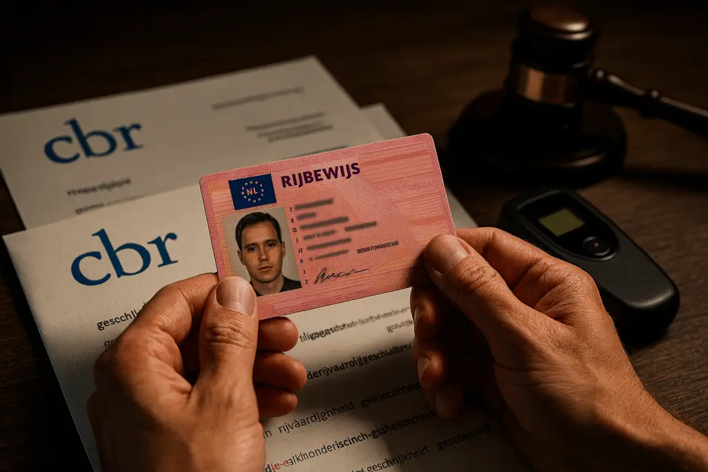 Hand met rijbewijs en documenten.