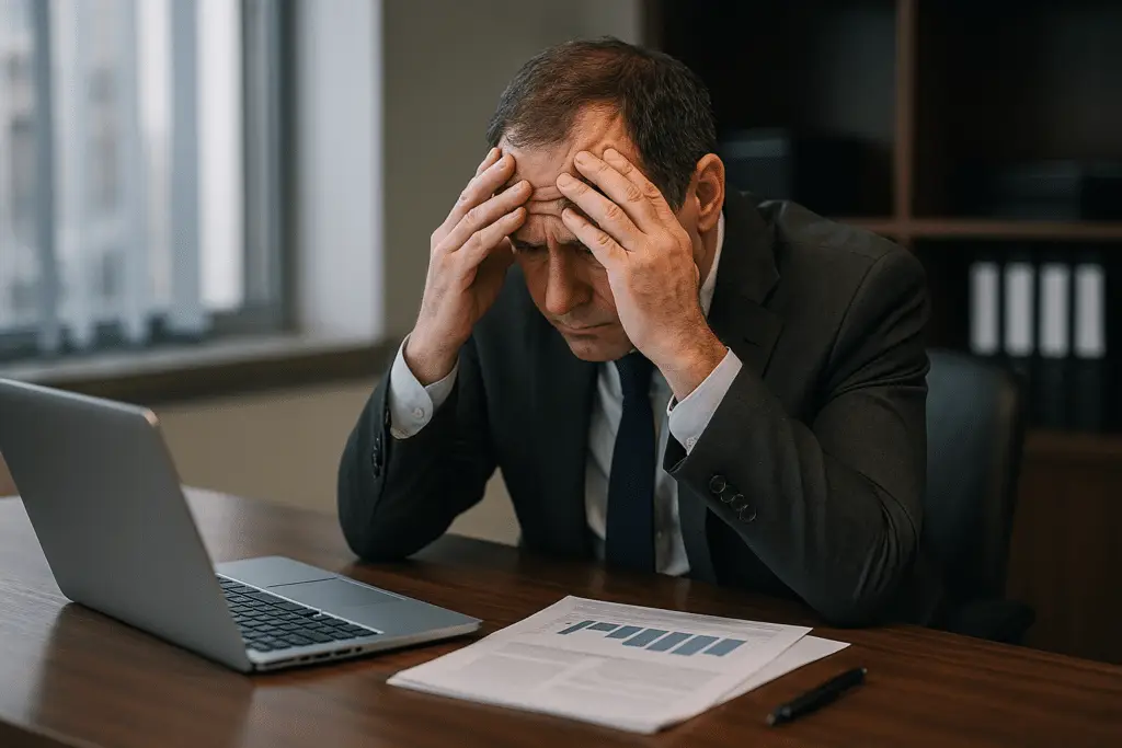 Zorgelijke man achter bureau met laptop.