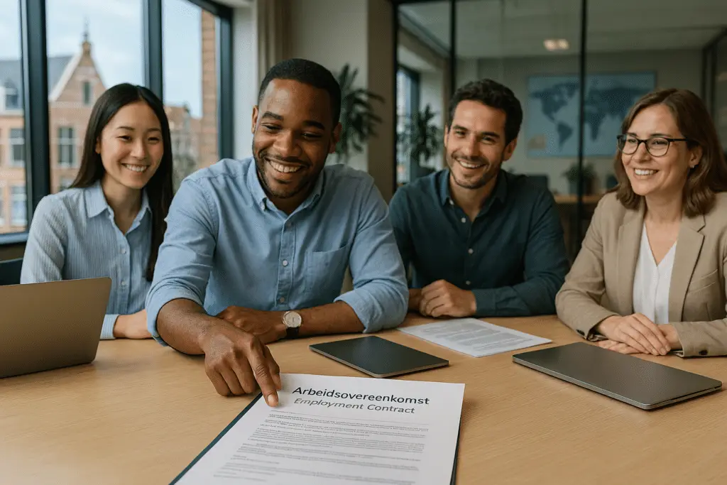 Groep mensen bespreekt arbeidscontract