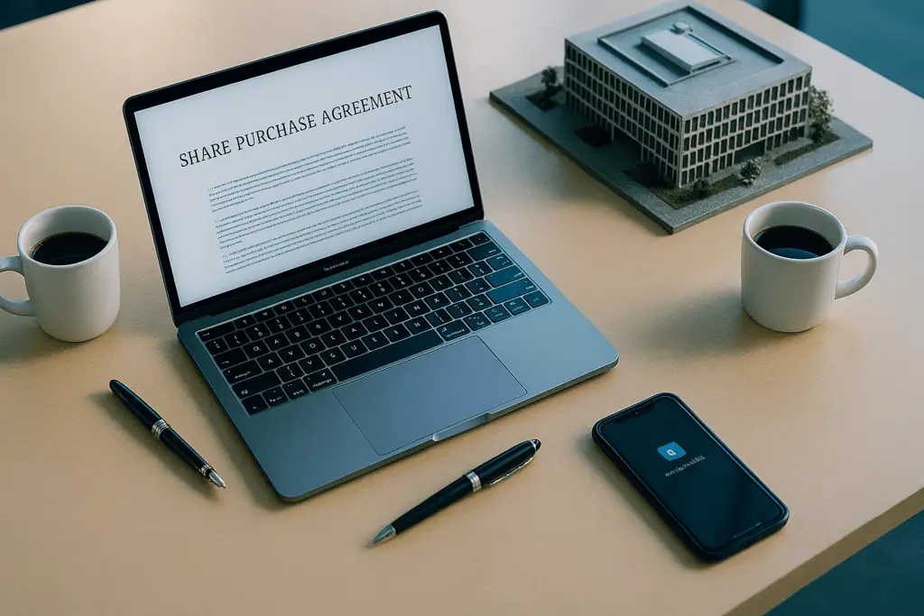 Laptop met aandeelovereenkomst en koffie