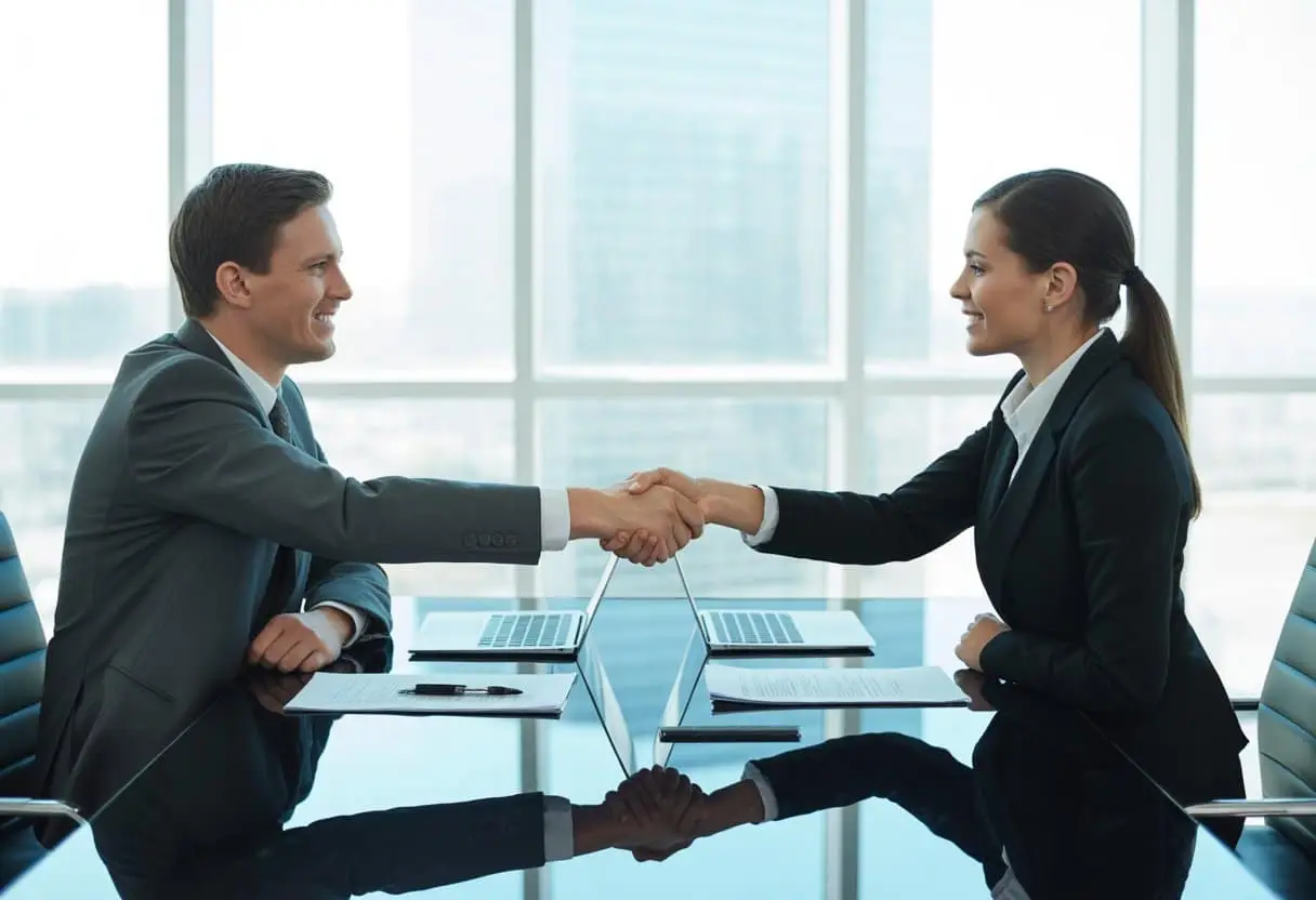 Algemene voorwaarden in B2B: hoe voorkomt u een ‘battle of forms’? 1 Twee zakelijke professionals zitten aan een tafel en schudden elkaar de hand terwijl ze documenten uitwisselen in een modern kantoor.
