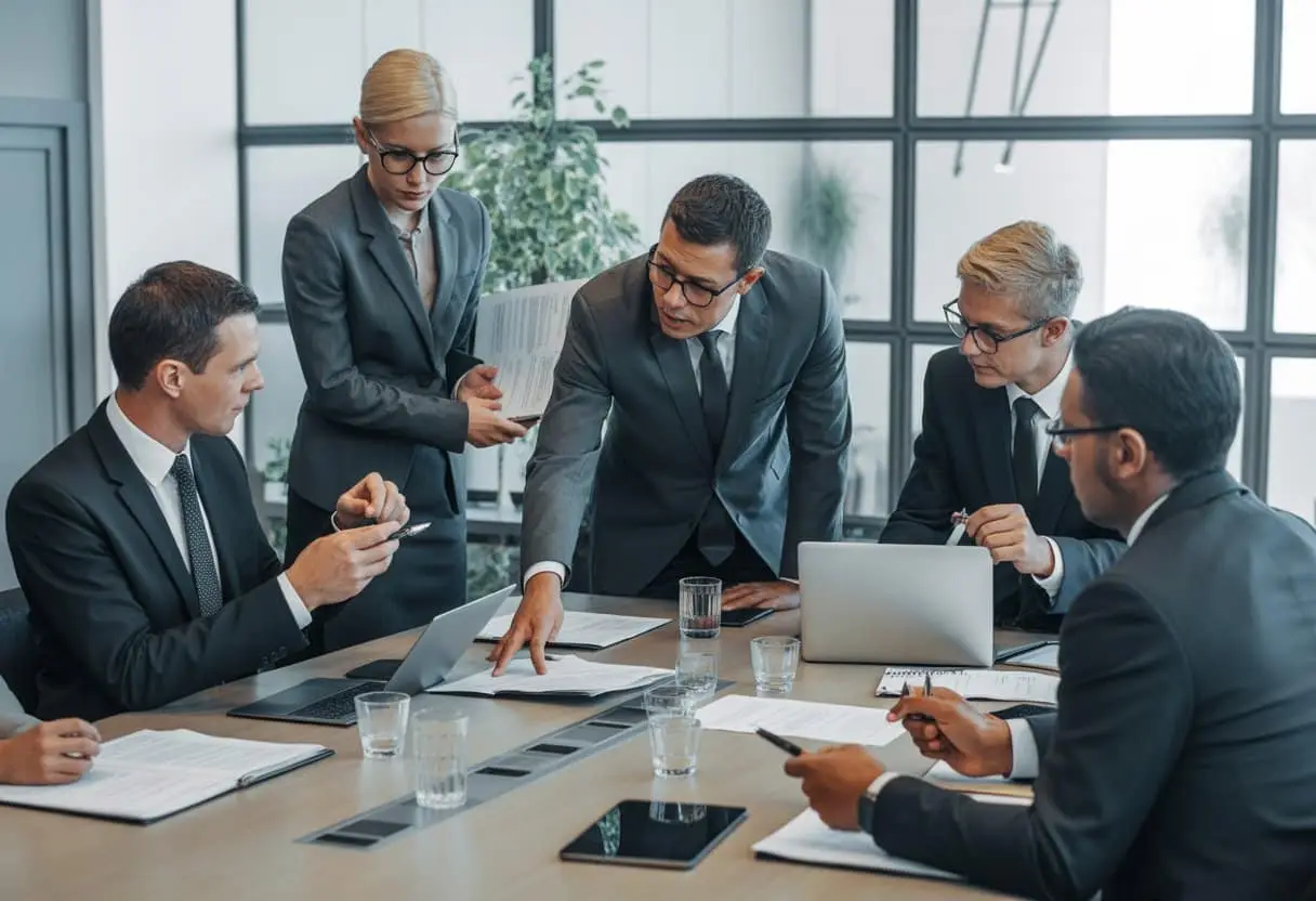Algemene voorwaarden in B2B: hoe voorkomt u een ‘battle of forms’? 2 Een groep zakelijke professionals bespreekt contracten in een moderne vergaderruimte.