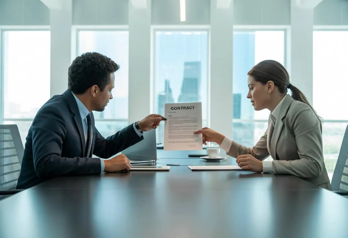 Algemene voorwaarden in B2B: hoe voorkomt u een ‘battle of forms’? 3 Twee zakelijke professionals bespreken documenten aan een vergadertafel in een kantoor.