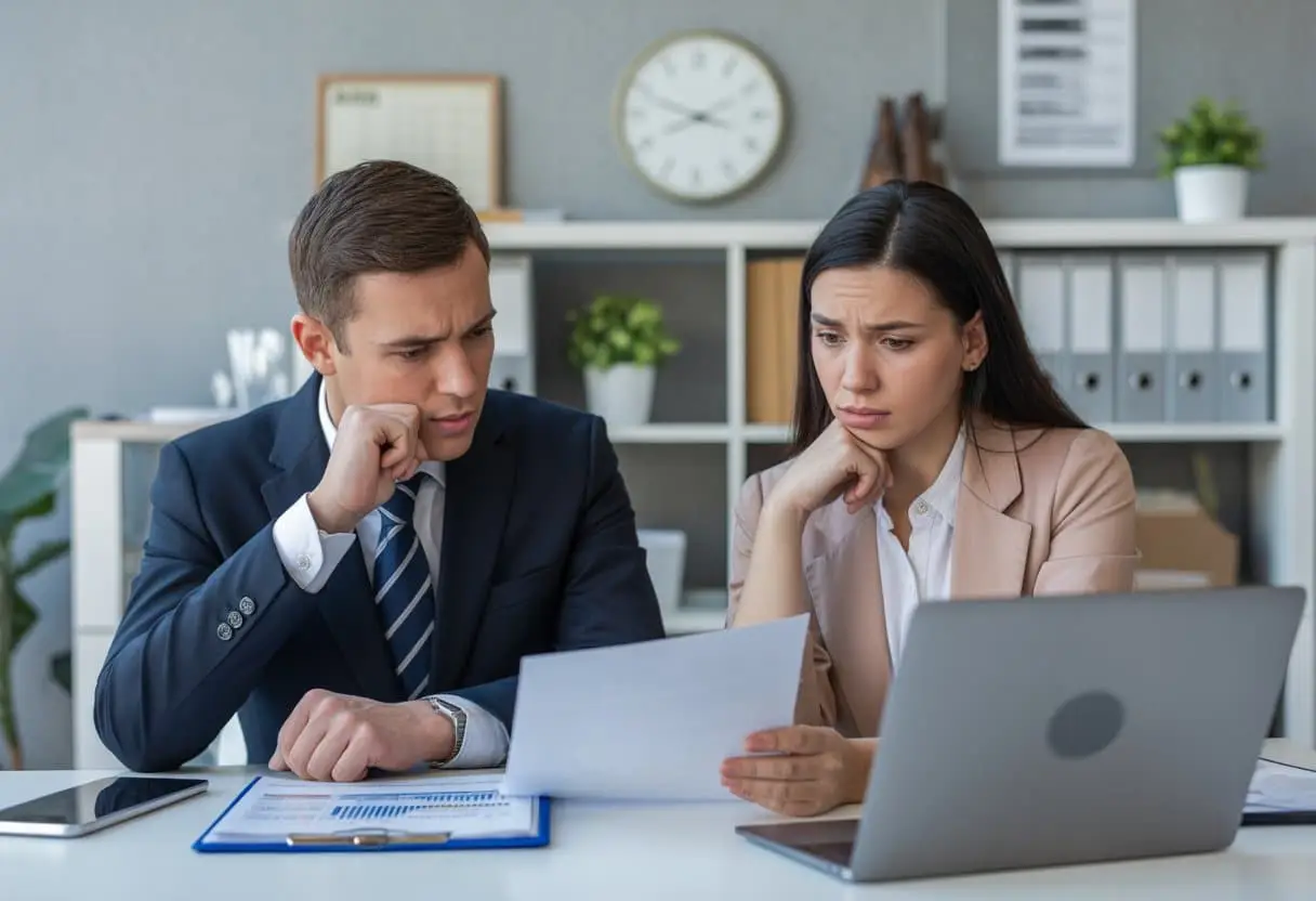 Een jonge man en vrouw bekijken samen documenten en een laptop in een kantooromgeving, met een serieuze en bezorgde uitstraling.