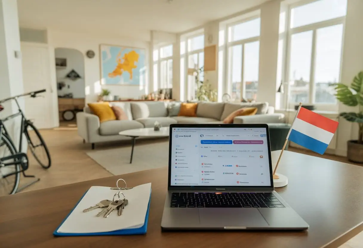 Verhuur via Airbnb of Booking in Nederland: Regels die vaak worden vergeten 1 Een moderne Nederlandse woonkamer ingericht voor kortetermijnverhuur met een laptop op tafel en een fiets bij de ingang.