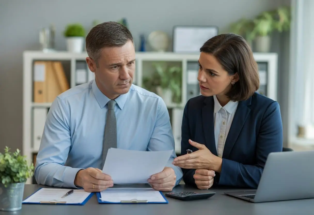 Een man en een vrouw zitten samen aan een bureau en bekijken financiële documenten in een kantooromgeving.