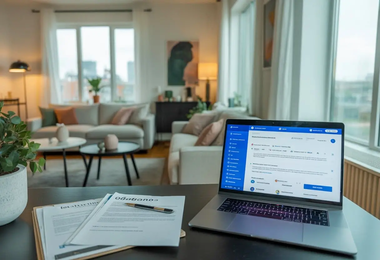 Verhuur via Airbnb of Booking in Nederland: Regels die vaak worden vergeten 2 Een moderne Nederlandse appartement woonkamer met een laptop en documenten op tafel, klaar voor verhuur via Airbnb of Booking.com.