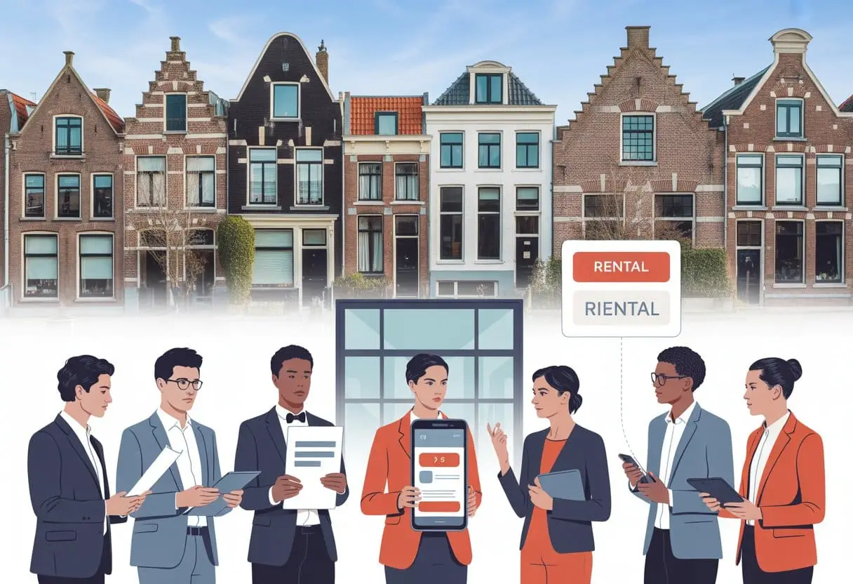 Verhuur via Airbnb of Booking in Nederland: Regels die vaak worden vergeten 3 Een groep mensen bespreekt documenten voor verschillende woongebouwen in een Nederlandse stad.