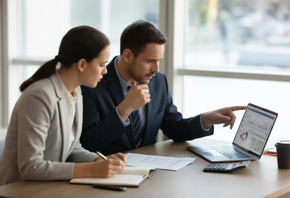 Een man en vrouw zitten samen aan een bureau en bekijken financiële documenten en een laptop met kredietrapporten.