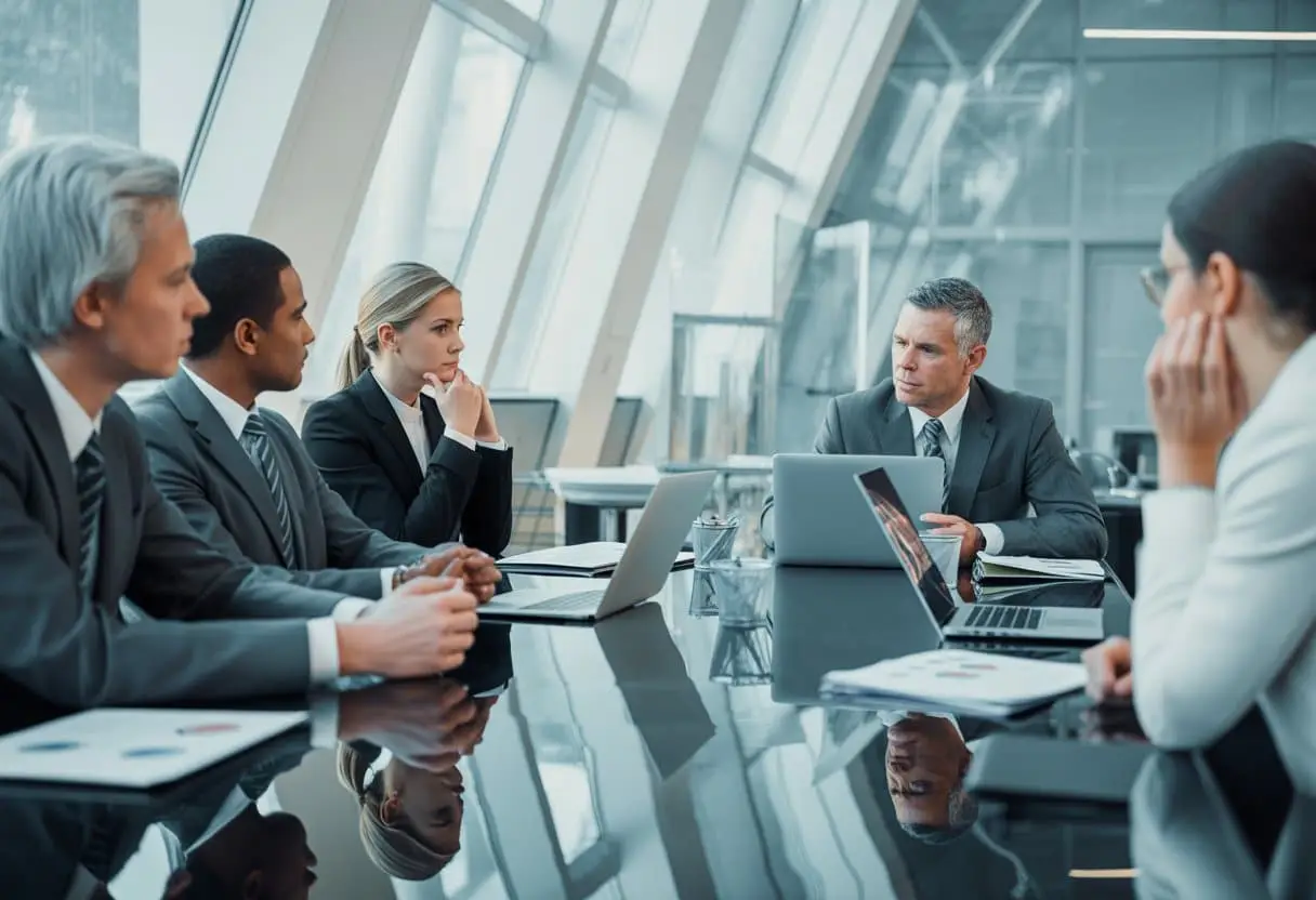 Een zakelijke vergadering in een modern kantoor met diverse professionals, waarbij één persoon stil en bedachtzaam aan de zijkant zit.