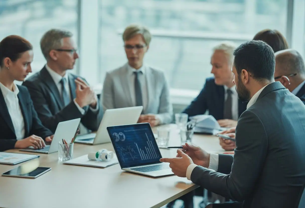 Een zakelijk overleg in een moderne kantoorruimte met een groep professionals, waarbij een persoon iets op de achtergrond stilletjes meeluistert.