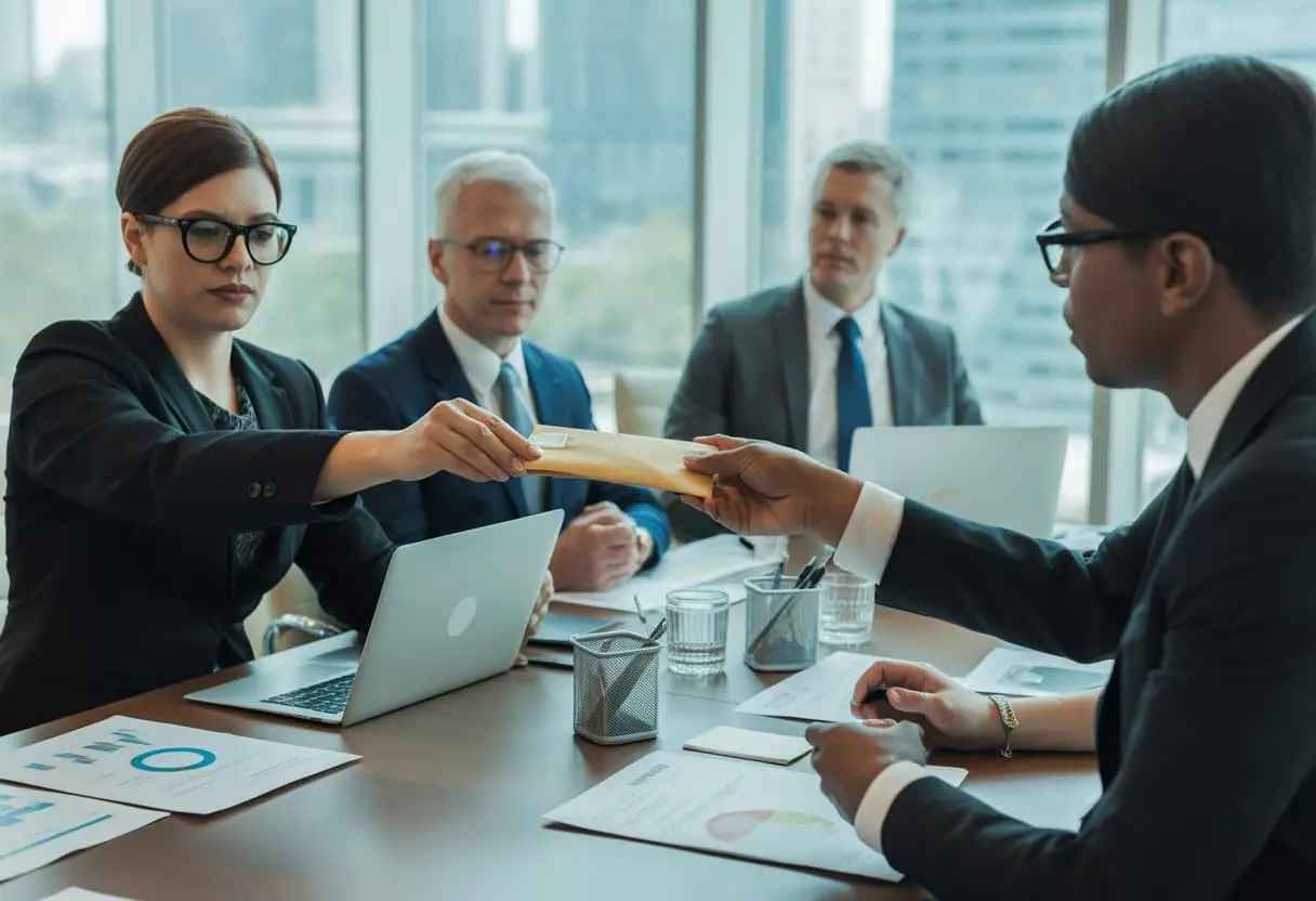 Een zakelijke vergadering met diverse professionals rond een tafel, waarbij iemand een gesloten envelop overhandigt aan een ander in een modern kantoor.