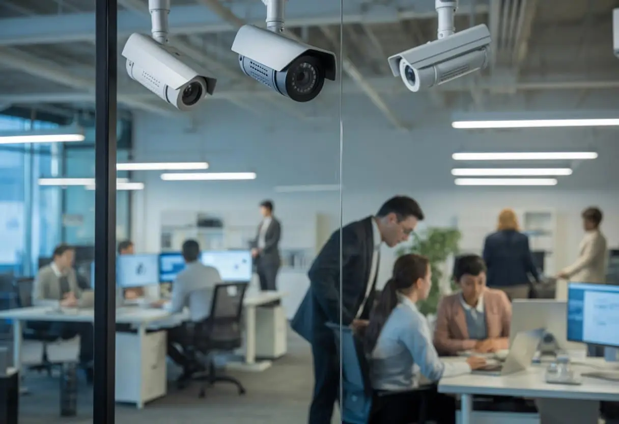 Hoe veilig is cameratoezicht op de werkvloer? Juridische grenzen uitgelegd 1 Een modern kantoor met beveiligingscamera's aan het plafond en werknemers die aan hun bureaus werken.