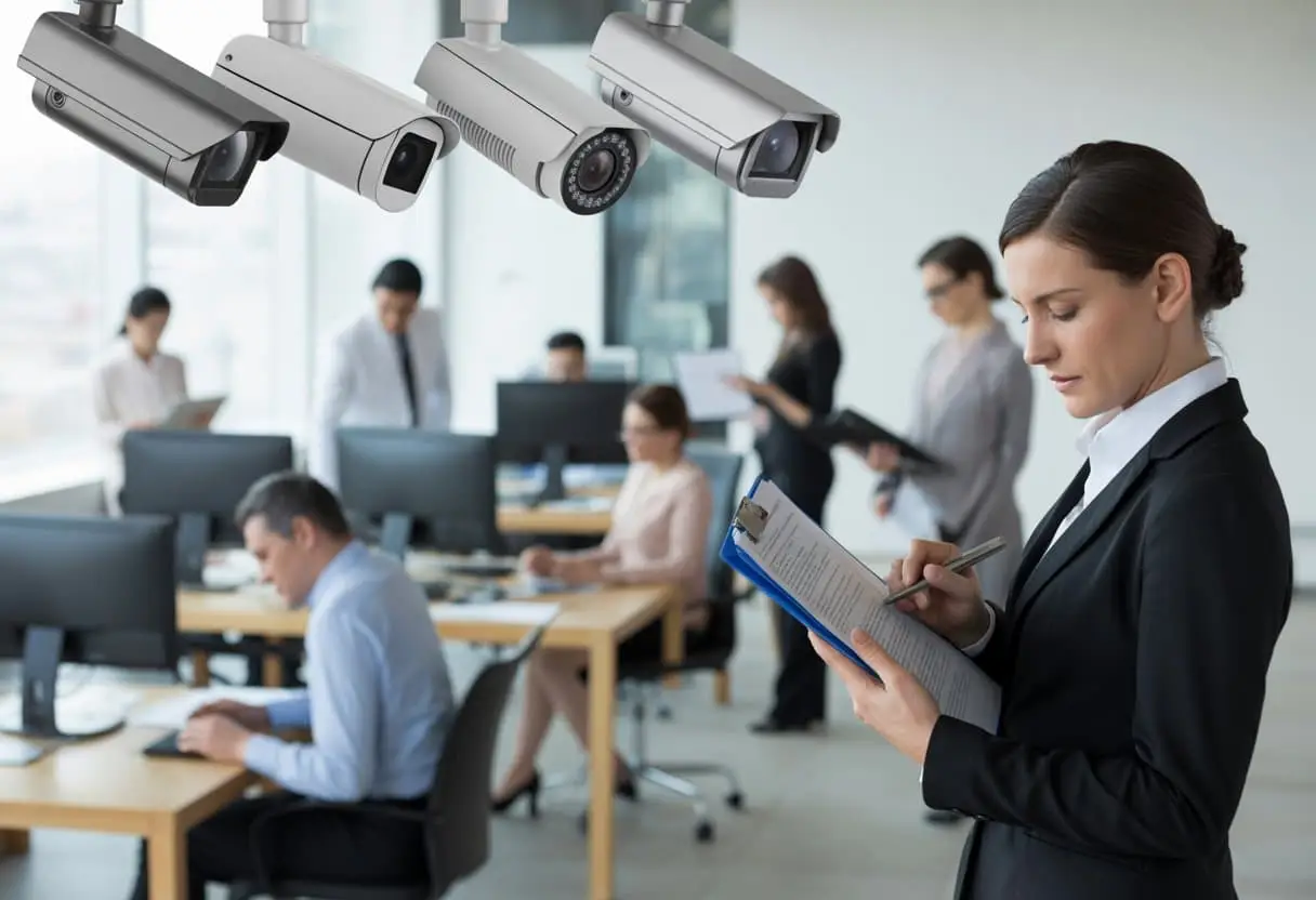 Hoe veilig is cameratoezicht op de werkvloer? Juridische grenzen uitgelegd 2 Een moderne kantoorruimte met medewerkers aan het werk en beveiligingscamera's aan het plafond, terwijl een professional juridische documenten bekijkt.