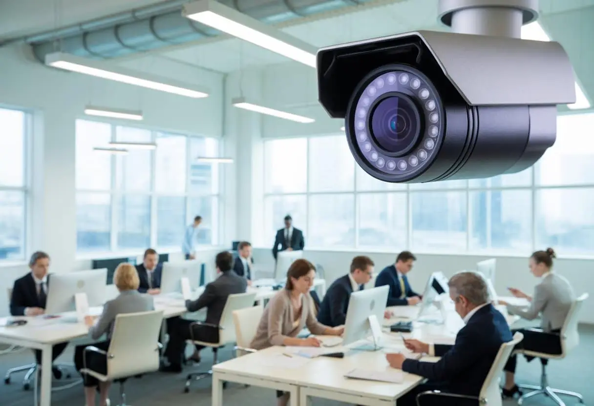 Hoe veilig is cameratoezicht op de werkvloer? Juridische grenzen uitgelegd 3 Een moderne kantoorruimte met medewerkers die aan hun bureaus werken en een beveiligingscamera aan het plafond.