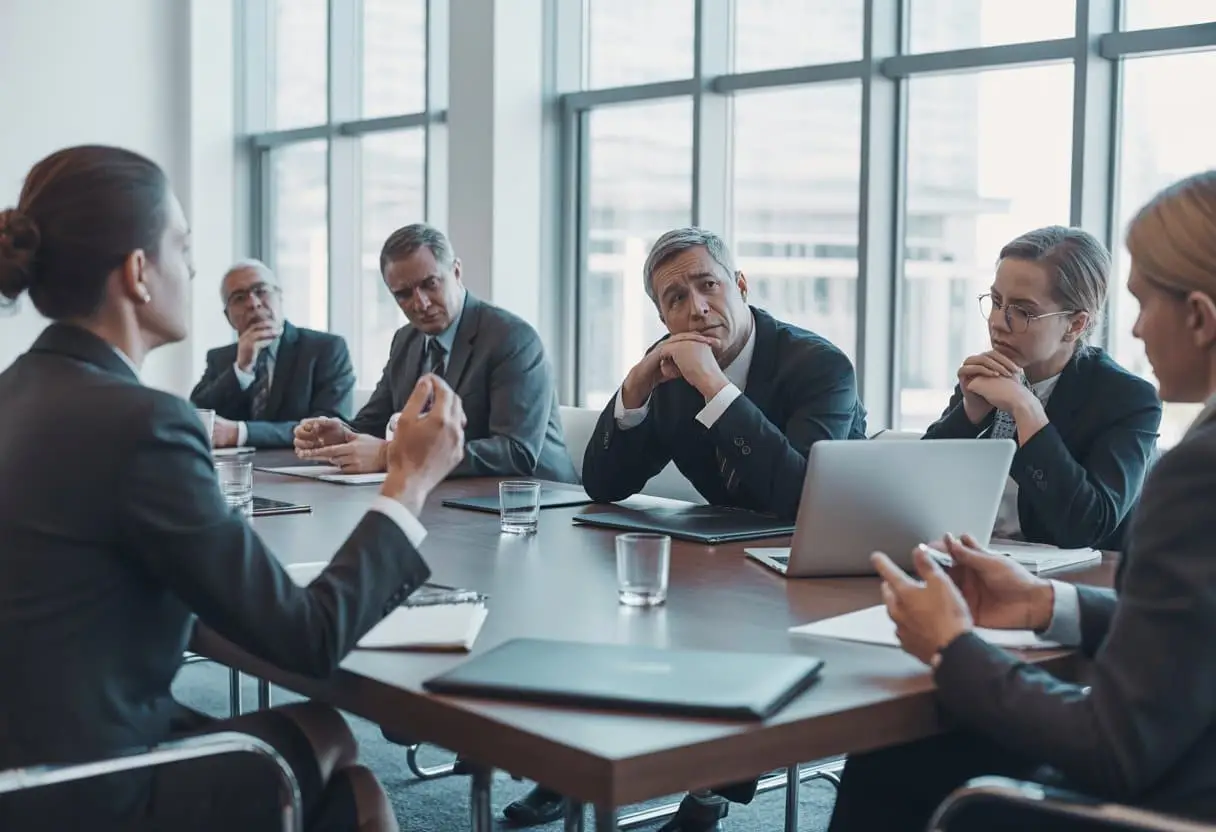 Een formele vergadering met bestuursleden rond een tafel, waarbij één persoon onder toezicht staat en de anderen bezorgd kijken.