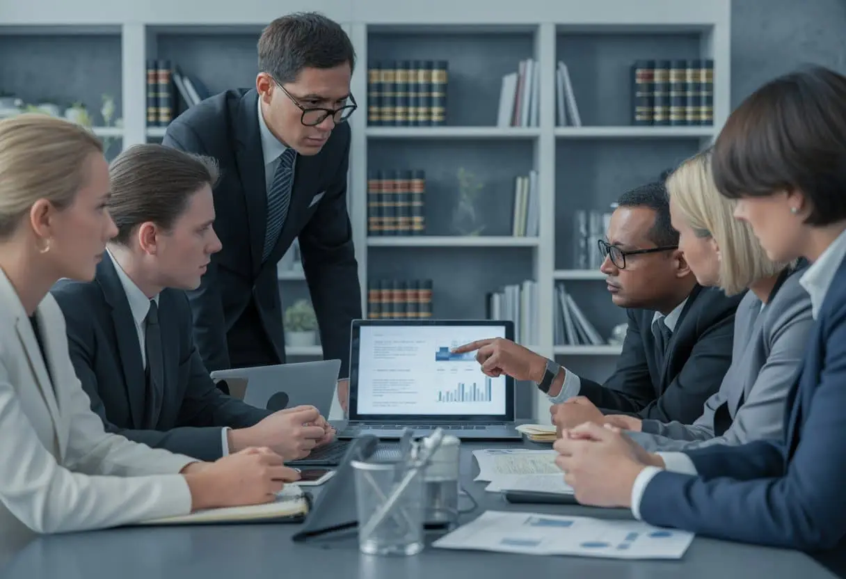 Een groep professionele mensen in een kantoor die serieus over documenten en een laptop overleggen.