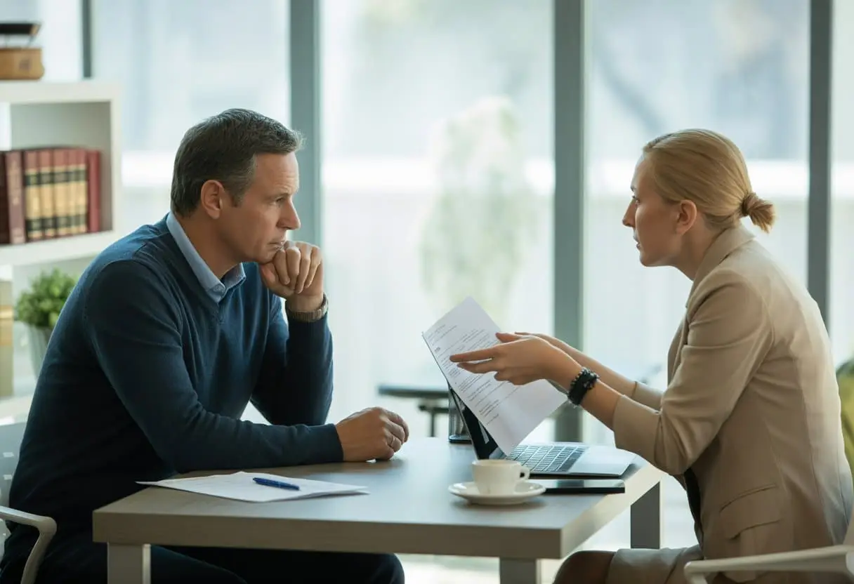 Niet betalen van alimentatie: welke stappen werken in de praktijk het beste? 3 Een man en vrouw zitten aan een bureau in een kantoor en voeren een serieus gesprek over juridische zaken.