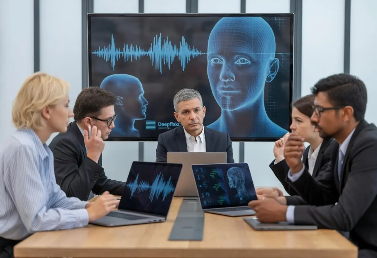 Een groep professionals in een kantoor bespreekt technologie met beelden van gezichten en geluidsgolven op een scherm.