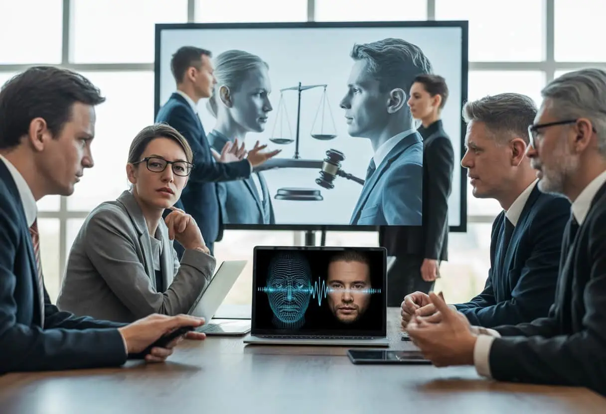 Een groep professionals in een kantoor bespreekt kunstmatige stemmen en deepfakes, met een laptop die een digitale stem en gezicht toont, en een scherm met juridische symbolen op de achtergrond.