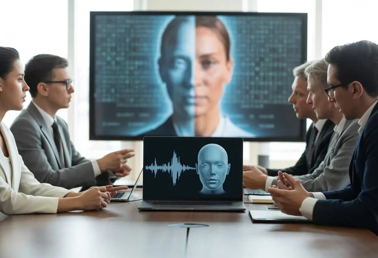 Een groep professionals bespreekt kunstmatige stemmen en deepfakes in een moderne kantooromgeving.