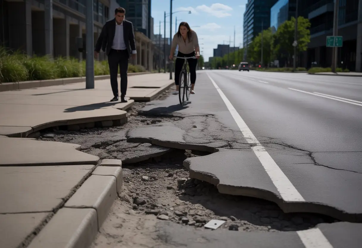 Een beschadigde straat met gebarsten weg, kapotte stoep en beschadigd fietspad, waar een voetganger en een fietser voorzichtig langs lopen.