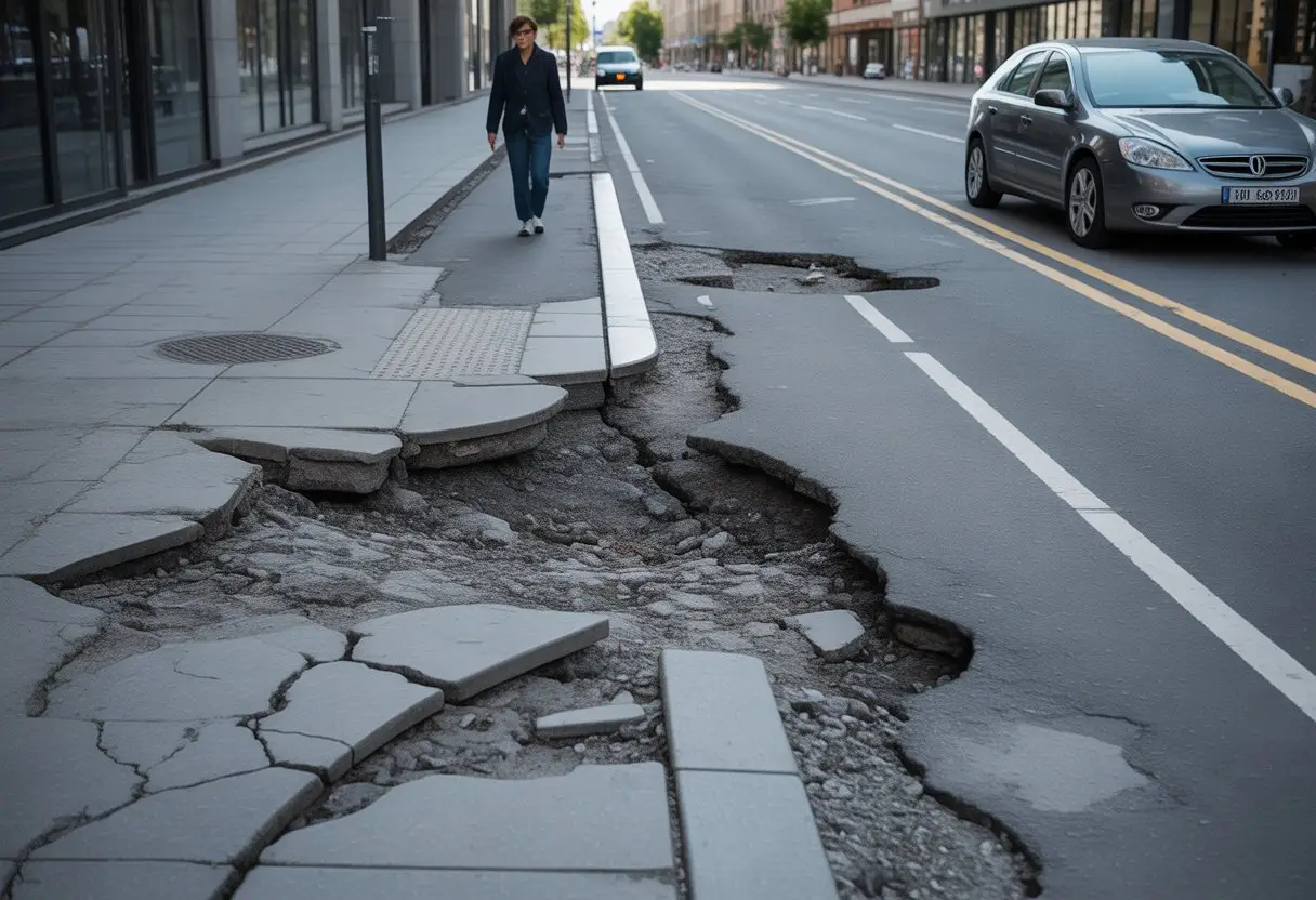 Straat met beschadigde weg, stoep en fietspad waar mensen en voertuigen voorzichtig passeren.