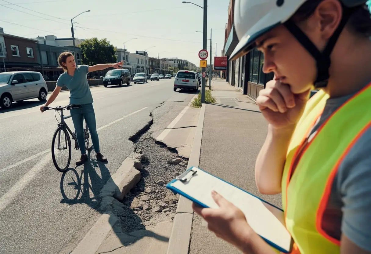 Een gemeenteambtenaar inspecteert een beschadigde weg naast een fietspad terwijl een fietser wijst naar de schade.
