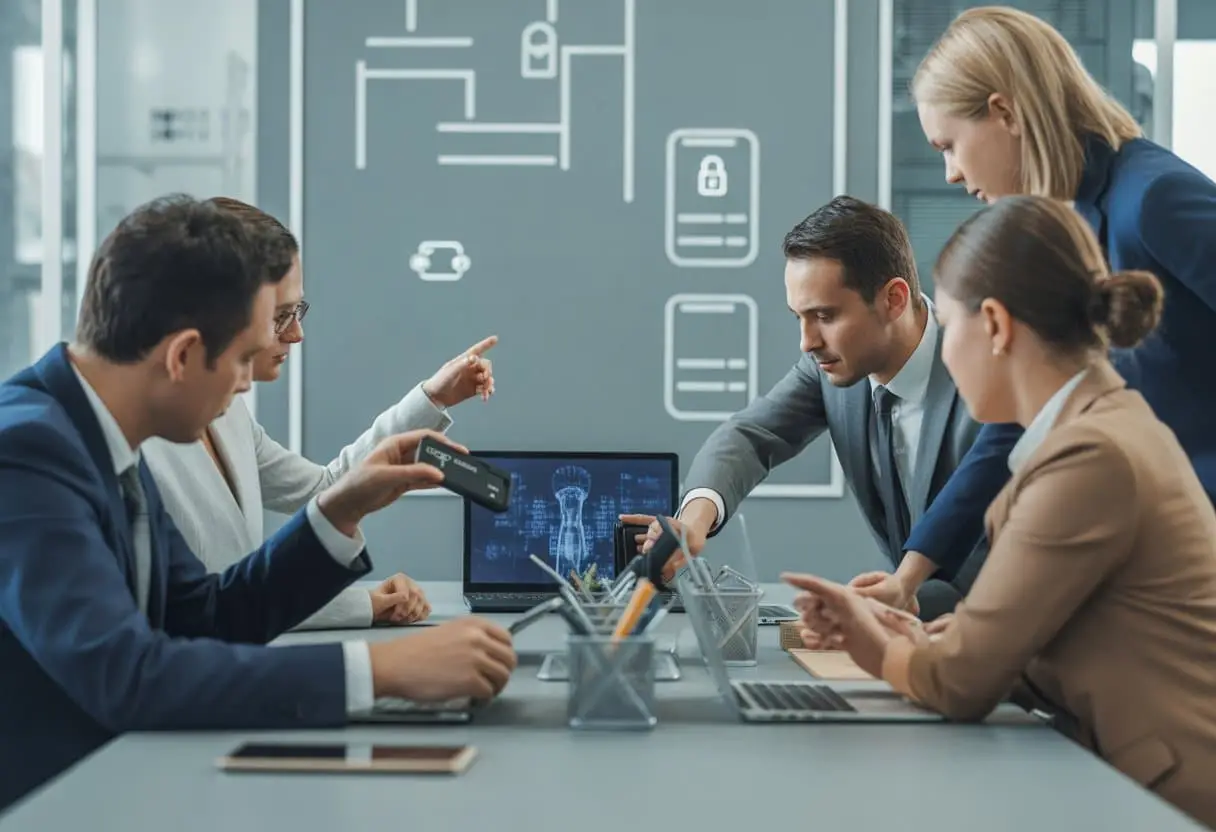 Een groep zakelijke professionals in een kantoor vergadert vertrouwelijk rond een tafel met digitale apparaten en beveiligingssymbolen.