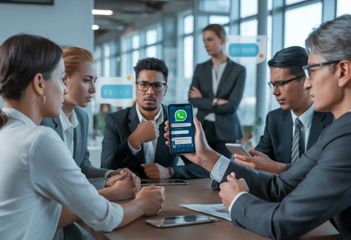 Een groep zakelijke professionals bespreekt iets serieus rond een vergadertafel, met een persoon die een smartphone vasthoudt.