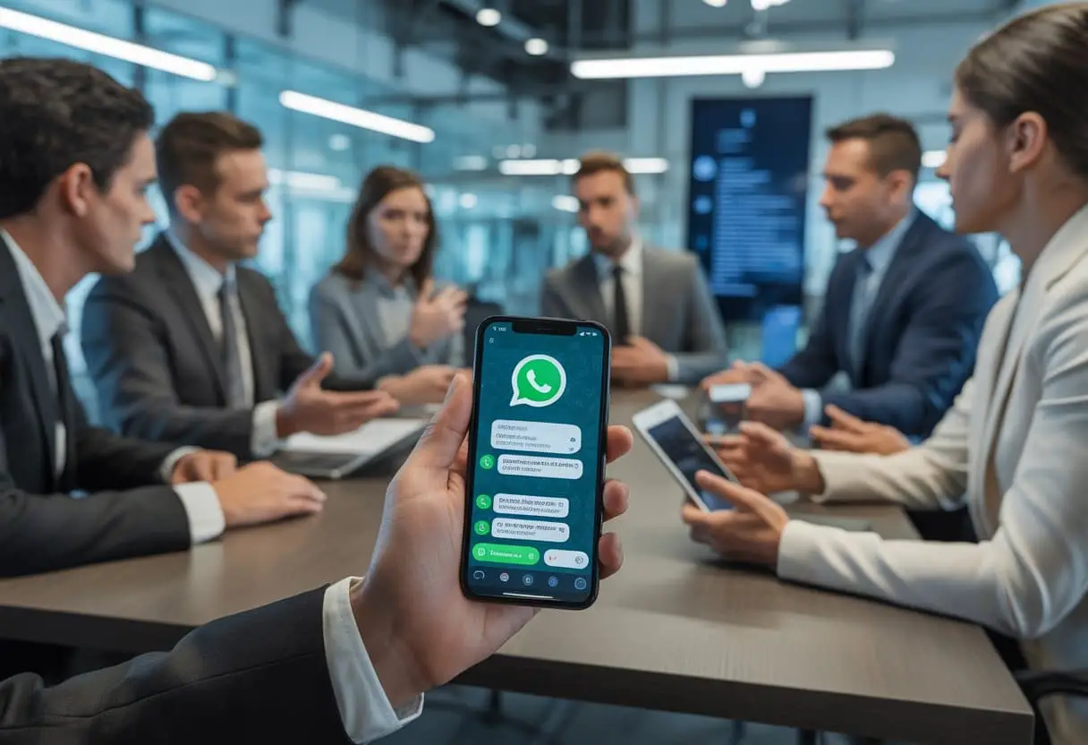 Een groep zakelijke professionals in een kantoor bespreekt iets serieus, waarbij één persoon een smartphone met een WhatsApp-chat toont.