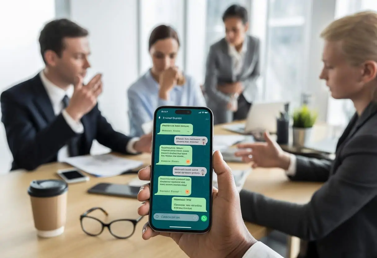 Een groep professionals bespreekt iets in een kantoorruimte met een smartphone waarop een WhatsApp-gesprek zichtbaar is.