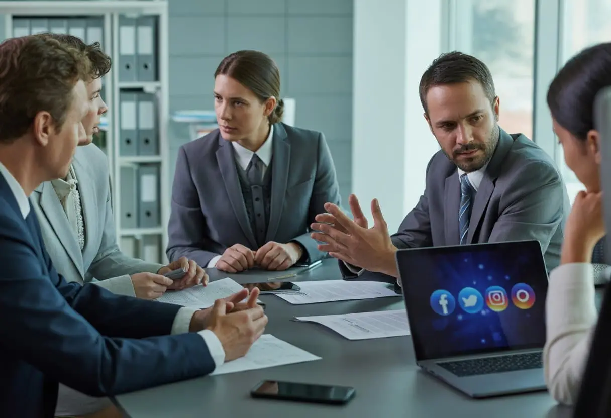 Een zakelijke bespreking tussen een manager en een werknemer in een kantoor, met documenten en een laptop met sociale media-iconen op het scherm.