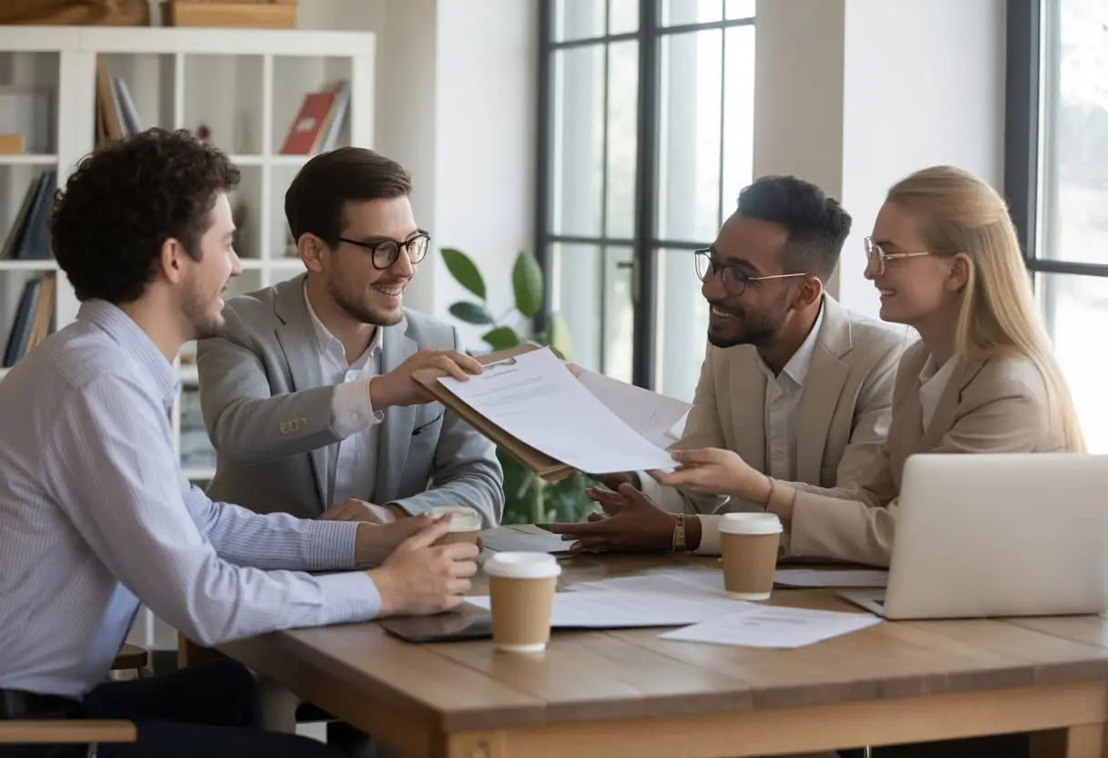 Ondernemen met vrienden of familie: welke contracten voorkomen ruzie? 1 Vier vrienden of familieleden zitten samen aan een tafel in een kantoor en bekijken een contract.