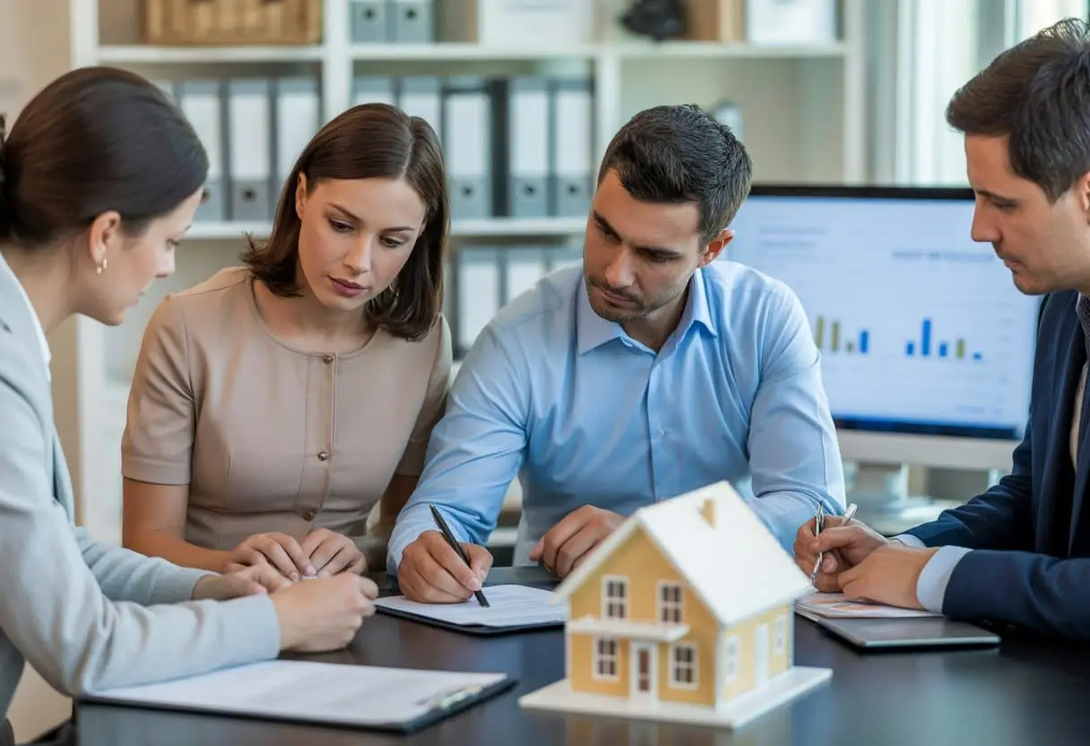Een stel tekent een koopcontract voor een woning aan een bureau met een makelaar in een kantooromgeving.