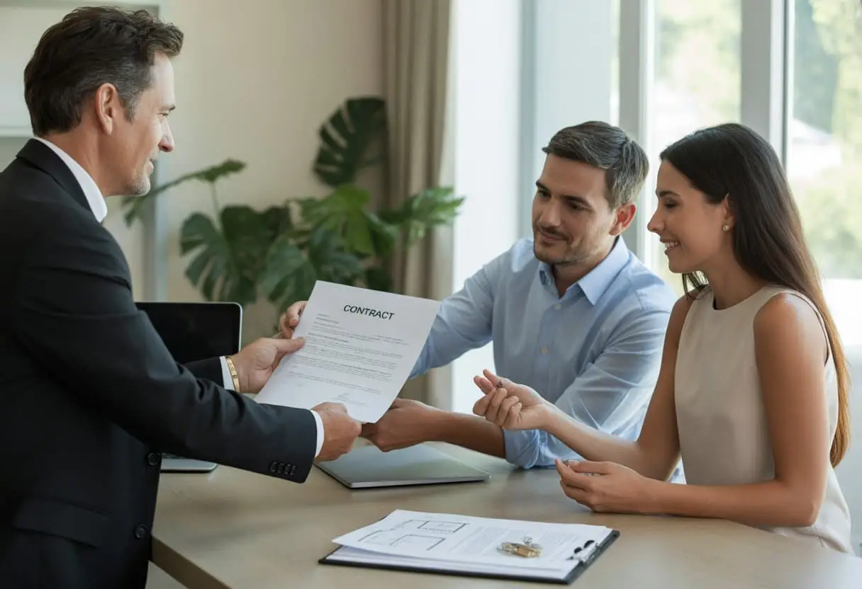 Een makelaar overhandigt een contract aan een jong stel in een kantoor, met documenten en sleutels op tafel.