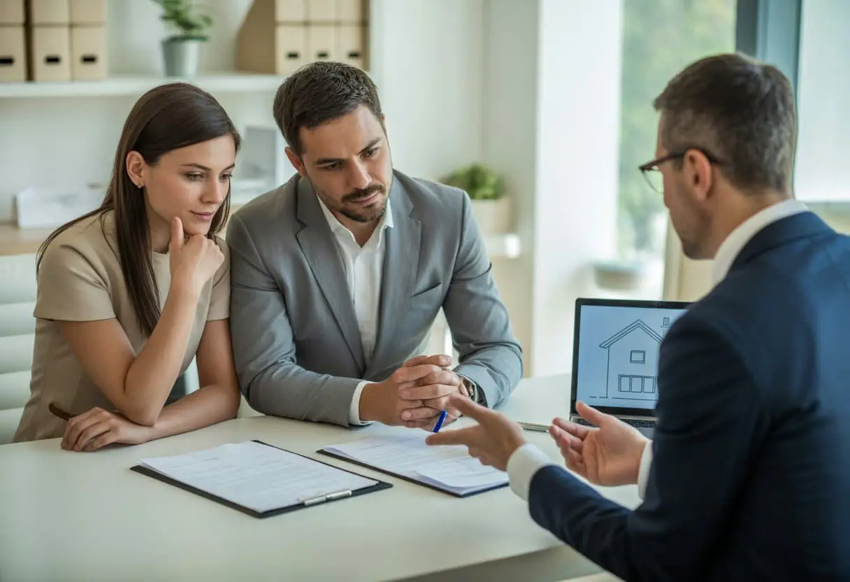Een stel bespreekt een woningkoopovereenkomst met een makelaar aan een bureau in een kantoor.
