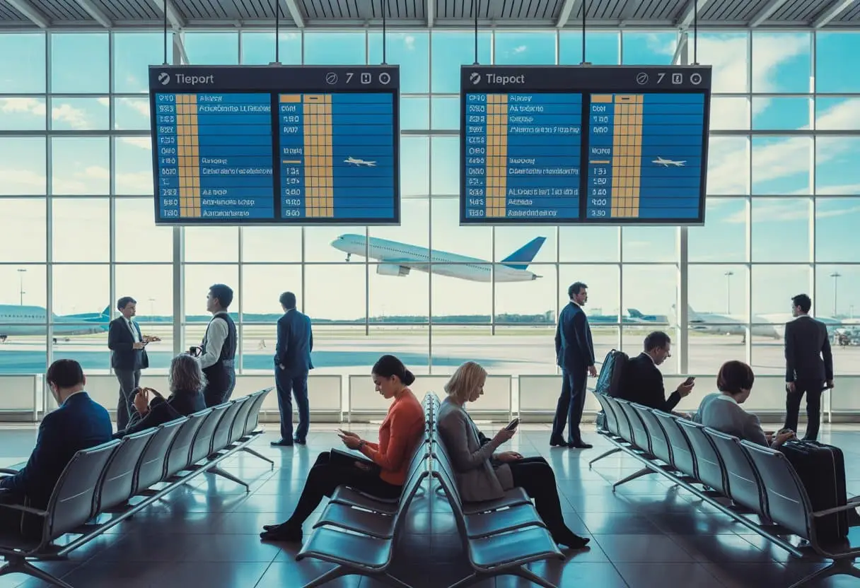 Passagiers in een luchthaven vertrekhal kijken naar schermen met vluchtinformatie terwijl personeel hen helpt.