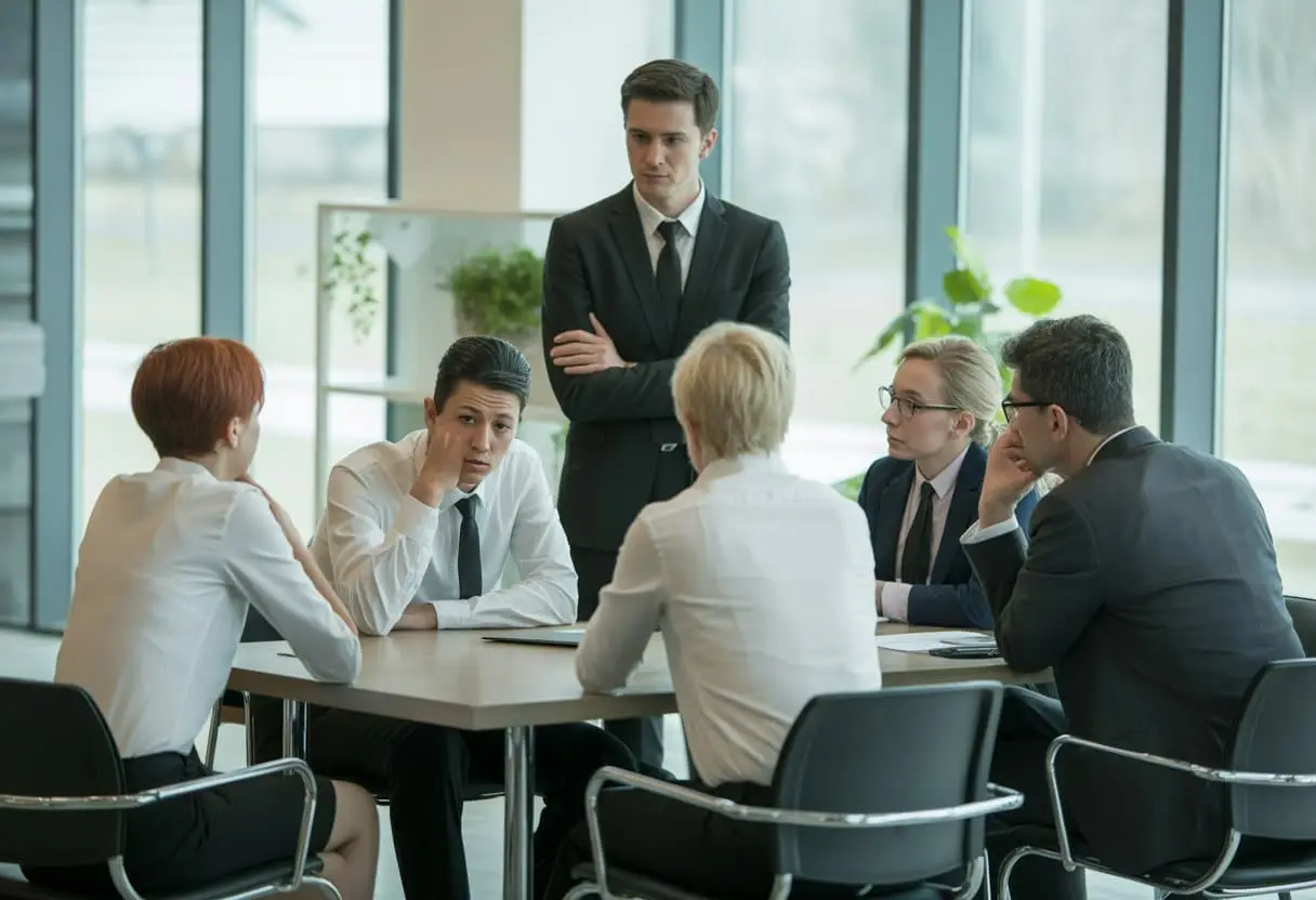Een groep werknemers en een manager in een kantoor vergaderen met een gespannen sfeer, waarbij één werknemer terughoudend lijkt.