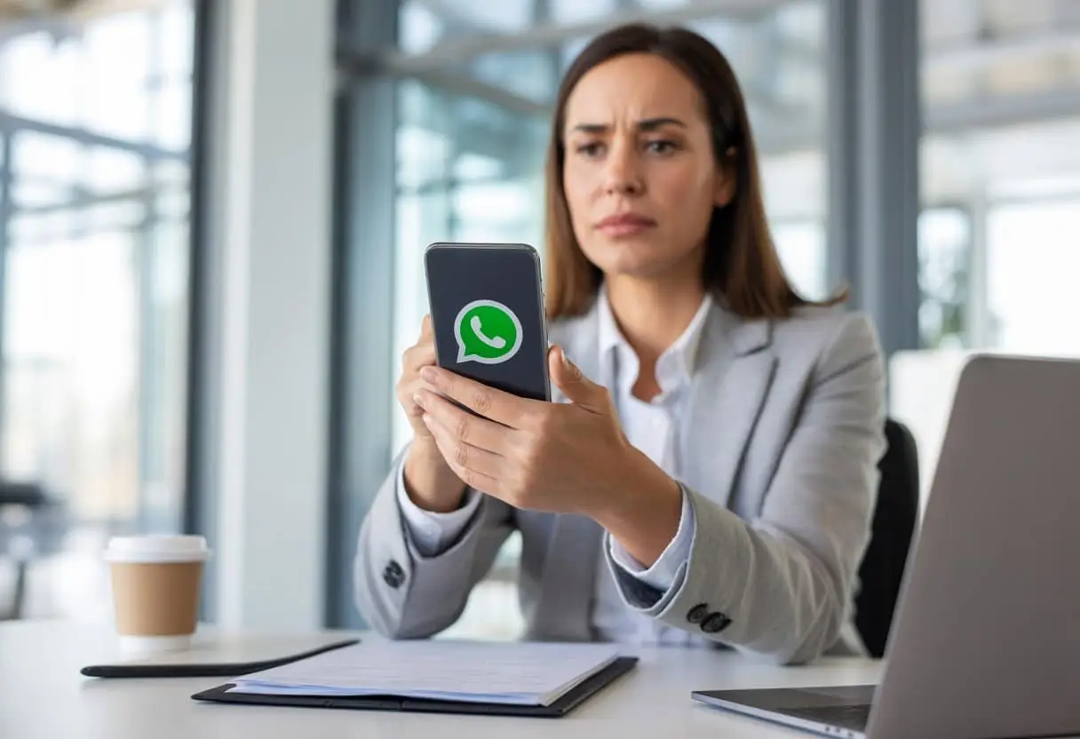 Een zakenvrouw zit aan een bureau met een smartphone in haar hand waarop een WhatsApp-gesprek zichtbaar is, ze kijkt serieus en bezorgd in een moderne kantooromgeving.