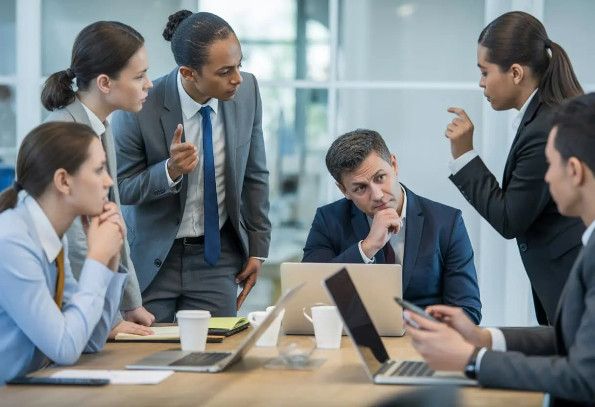 Een groep zakelijke professionals in een kantoor die een serieus gesprek voert over samenwerking tijdens ziekte.