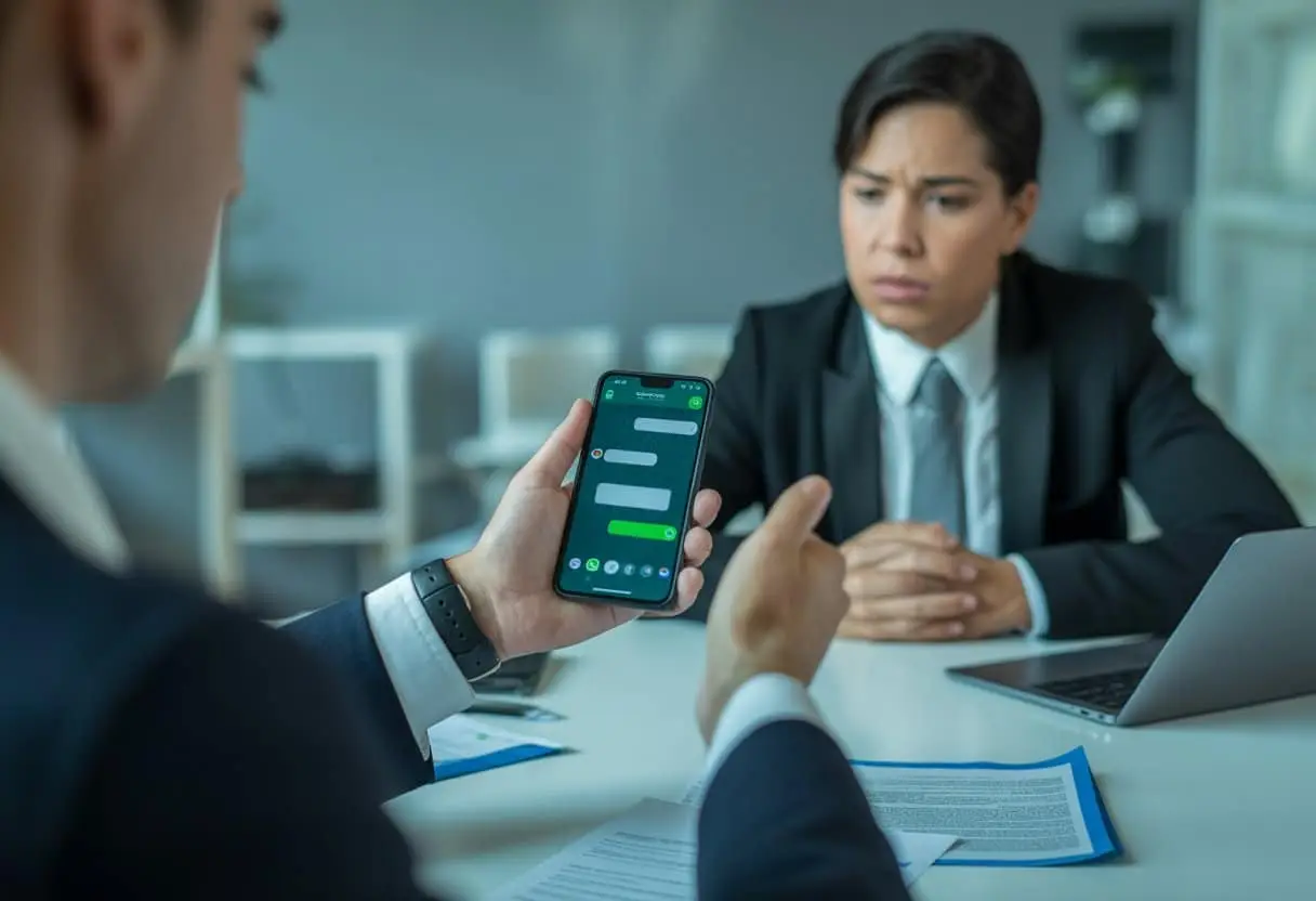 Twee mensen in een kantoor voeren een serieus gesprek, waarbij een persoon een smartphone met een WhatsApp-gesprek vasthoudt.