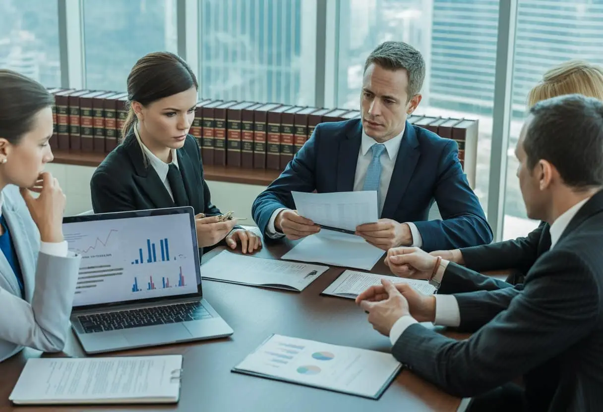 De juridische gevolgen van een gebrekkige algemene voorwaarden-set: risico’s en oplossingen 1 Een zakelijke vergadering met een advocaat die documenten bespreekt met collega's in een modern kantoor.