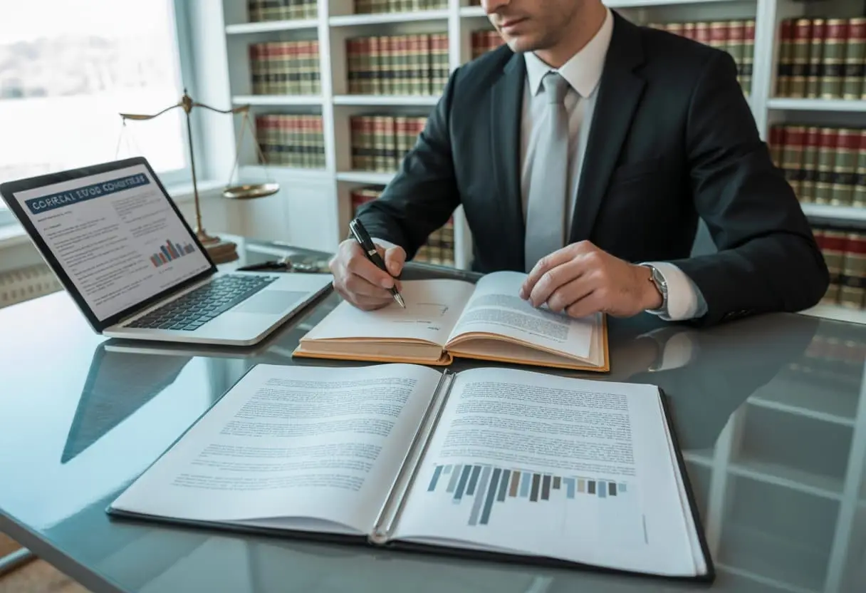 De juridische gevolgen van een gebrekkige algemene voorwaarden-set: risico’s en oplossingen 2 Een zakelijk persoon die in een kantoor juridische documenten bekijkt met boeken en een weegschaal op de achtergrond.