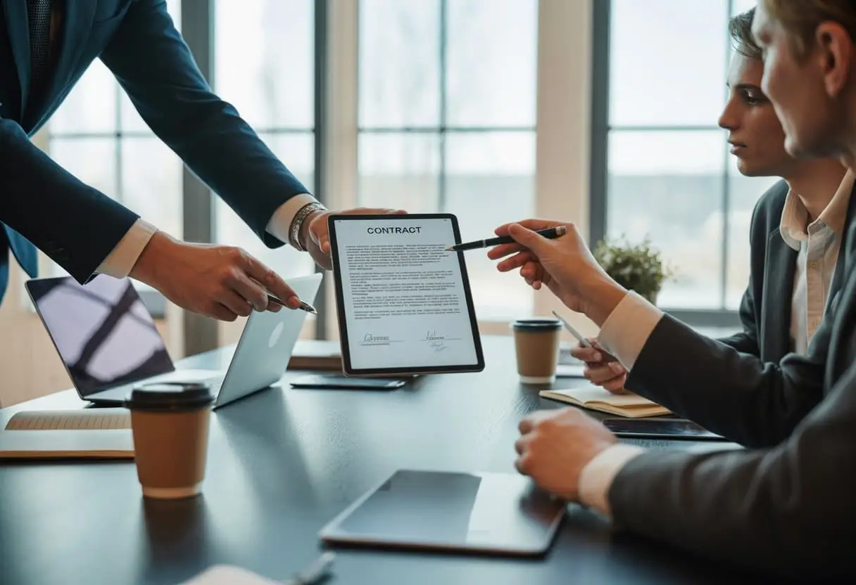 Wanneer is een digitaal getekend contract ongeldig? Uitleg & Valkuilen 1 Een groep zakelijke professionals bespreekt een digitaal contract op een tablet in een kantooromgeving.