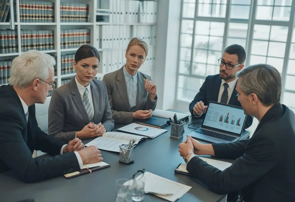 De juridische gevolgen van een gebrekkige algemene voorwaarden-set: risico’s en oplossingen 3 Een groep professionals bespreekt juridische documenten rond een vergadertafel in een kantoor.